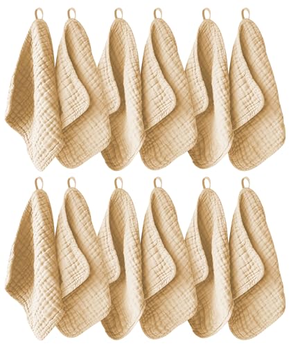 12 Pack Muslin Washcloths for Baby - 100% Cotton Baby Wash Cloths for or Baby Face Body Comfy and Soft for Newborn Infants Kids Girls and Boys - 12"x12" - Brown