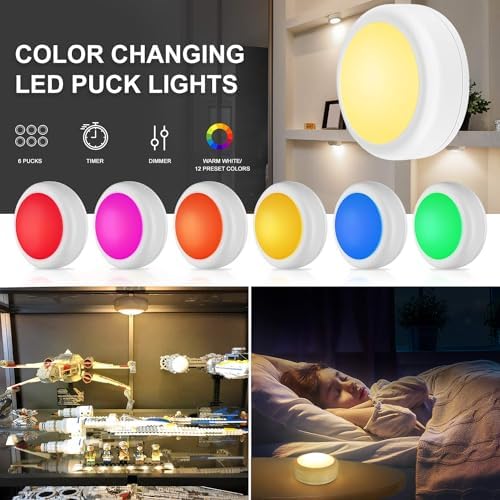 BLS LED Puck Lights with Remote Control, Wireless Under Cabinet & Closet Lighting, RGB 13 Color Changing Lights with Dimmer, Timer & AA Battery Operated, Push, Touch, Stick on for Night, Wall, 6 Pack