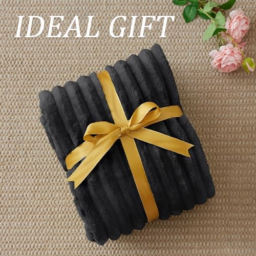 BEDELITE Fleece Throw Blanket for Couch - 300GSM Soft & Warm Fluffy Black Blanket, Decorative and Giftable Striped Blankets for Women, Men, 50"x60"