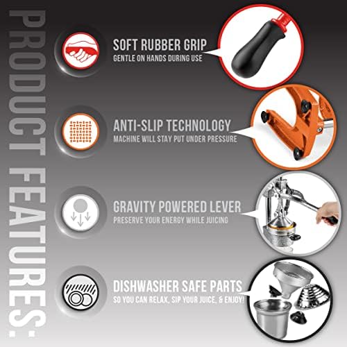 Eurolux Cast Iron Citrus Juicer | Extra-Large Commercial Grade Manual Hand Press | Heavy Duty Countertop Squeezer for Fresh Orange Juice (Bonus Stainless Steel Cup) (Red)