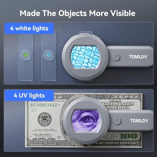 TOMLOV P10 Microscope for Adults Kids, Portable 100X Illuminated Jewelers Loupe, Handheld Coin Magnifier with Light for Collectors, Pocket Trichome Magnifying Glass, Digital Microscope with 2" Screen