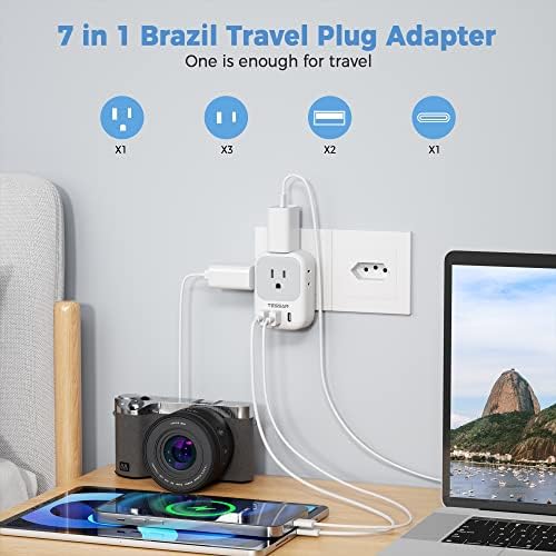 TESSAN Brazil Power Adapter, US to Brazil Travel Plug with 4 American Outlets 3 USB Charger (1 USB C Port), Type N Adaptor for USA to Brazilian Brasil