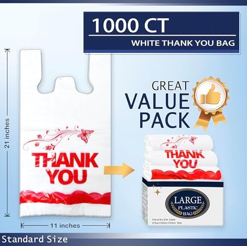 1000PCS White “Thank You” T-Shirt Bags – Reusable & Disposable Grocery and Supermarket Shopping Bags, 11"x6"x21"