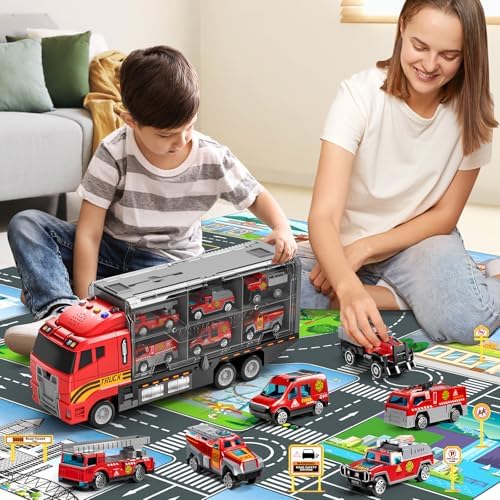 Toddler Boys Toys for 3-5 Years Old, Fire Truck Vehicle Set with Play Mat, Die-Cast Toy Car Carrier Truck for Kids, Birthday Gifts Toys for 3-8+ Year Old Boys