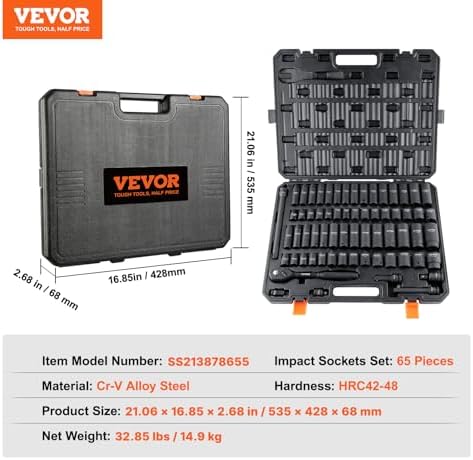 VEVOR 1/2" Drive Impact Socket Set, 65 Piece SAE 3/8" to 1-1/4" and Metric 10-24mm, 6 Point Cr-V Alloy Steel for Auto Repair, Easy-to-Read Size Markings, Rugged Construction, Storage Case
