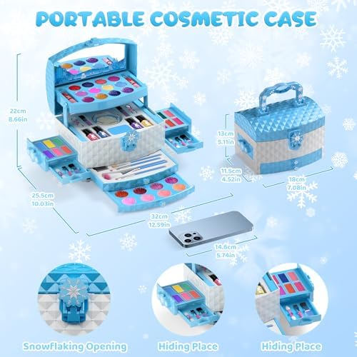PERRYHOME Kids Makeup Set for Girl 56 Pcs Washable Real Cosmetic, Non-Toxic Frozen Toys Toddler Makeup Kit, Princess Dress up Christmas & Birthday Girl Gift for 3 4 5 6 7 8 9 10 11 12 Year Old Girls