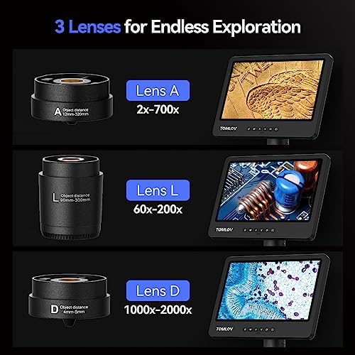 TOMLOV DM602 Flex Digital Soldering Microscope 2000x, Flexible Arm, 10.1" HDMI Microscope with 3 Lens, Coin Magnifier with Ring Light, Adults LCD Video Magnifying Glass, Electronic Repair Mat,64GB