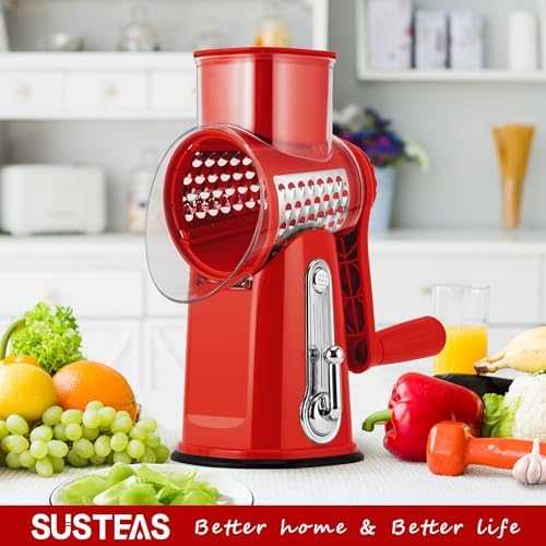 SUSTEAS Rotary Cheese Grater with Handle - Vegetable Shredder with 5 Well-designed Blades & Strong Suction Base,Round Mandoline Slicer & Food Chopper for Kitchen,with Blade Storage Box(Red)