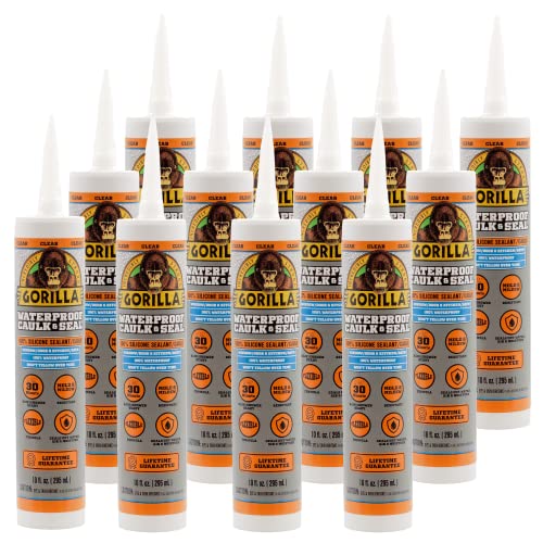 Gorilla Waterproof Caulk & Seal Silicone Sealant, 10oz Cartridge (Pack of 12) - Clear Caulking Sealant for Kitchen, Window, Bath, Marine, Door and More