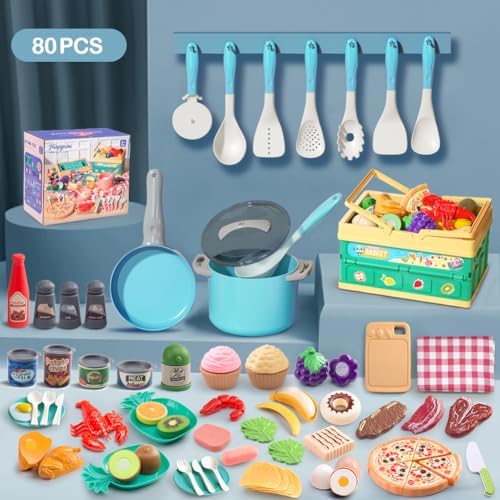 80Pcs Kitchen Playset, Toddler Pretend Cooking with Pots, Pans, Cookware, Food, Picnic Blanket, Fruits, Veges, Shopping Storage Basket, Dessert, Learning Gift for Girls Boys (Turquoise)