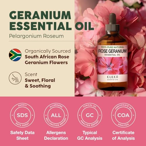 Kukka Rose Geranium Essential Oil for Skin - 4 Fl Oz - 100% Pure Natural Geranium Oil for Diffuser & Aromatherapy - Soap Making Scent & DIY