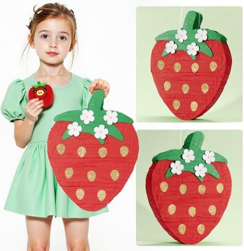 Wernnsai Red Strawberry Piñata For Kids - Strawberry Baby Shower Pinata Strawberry Birthday Party Decorations Summer Fruit Themed Party Game Supplies With Bat Blindfold 16.5" × 11.6" ×3"