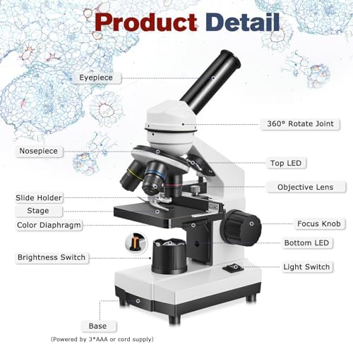 Microscope for Adults Kids Students, 40X-2000X Microscope for Beginners, Biological Microscope Kit with Phone Holder, 10pcs Specimen Slides, 20 Pcs Slides & 100pcs Coverslips, Storage Bag