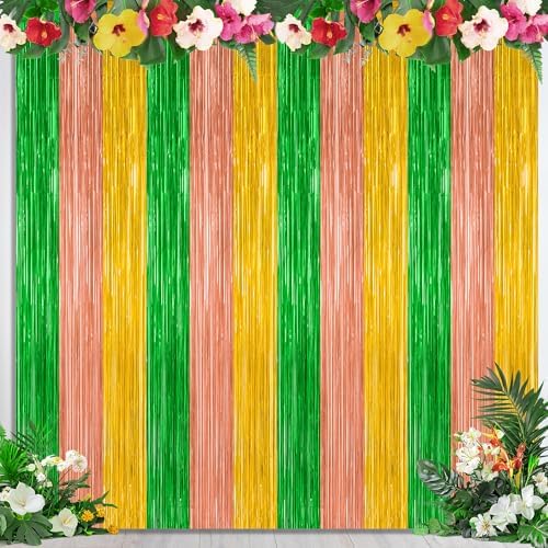 4 Pack Hawaiian Party Decorations, 3.28 FT x 7.05 FT Hawaii Tinsel Backdrop, Green Brown Yellow Foil Curtains Fringe Backdrop Party Streamer, Metallic Summer Decor Luau Party Decorations
