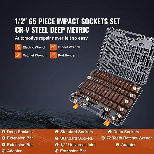 VEVOR 1/2" Drive Impact Socket Set, 65 Piece SAE 3/8" to 1-1/4" and Metric 10-24mm, 6 Point Cr-V Alloy Steel for Auto Repair, Easy-to-Read Size Markings, Rugged Construction, Storage Case