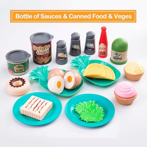 80Pcs Kitchen Playset, Toddler Pretend Cooking with Pots, Pans, Cookware, Food, Picnic Blanket, Fruits, Veges, Shopping Storage Basket, Dessert, Learning Gift for Girls Boys (Turquoise)