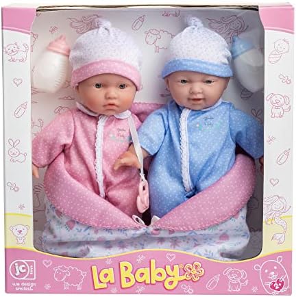 JC Toys La Baby 11" Soft Body Twin Baby Dolls – Removable Outfits and Reversible Sleeping Bag & Accessories– Small Baby Doll Toys for Children 12 Months +