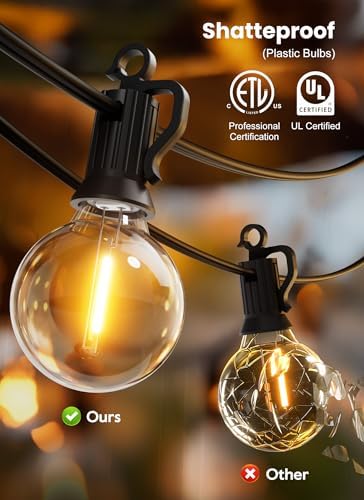 Brightown Outdoor String Lights, 50FT 25 G40 Bulbs Shatterproof Patio Lights, IP65 Waterproof Dimmable Hanging Connectable Globe LED Outdoor Lights for Backyard, Bistro, Porch, Deck, Balcony