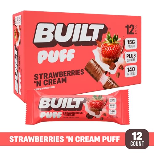 Built Bar, Puff Protein Bars, Strawberries 'N Cream Puff, 15g Protein Snacks, On-The-Go Bars, Only 140 Calories, 8g Sugar, Collagen, Gluten Free, 12 Count