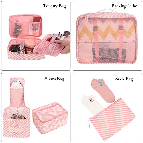 BAGAIL 8 Set Packing Cubes Luggage Packing Organizers for Travel Accessories-White and Pink Stripe