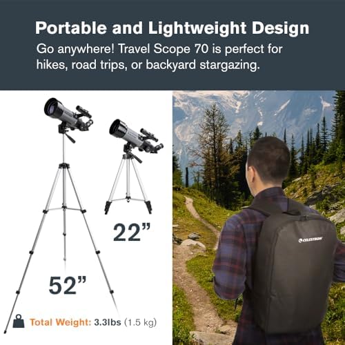 Celestron Travel Scope 70DX Portable Refractor Telescope – 70mm Aperture, Fully-Coated Glass Optics – Includes Bonus Phone Adapter, Backpack & More – Ideal for Beginners & Travel