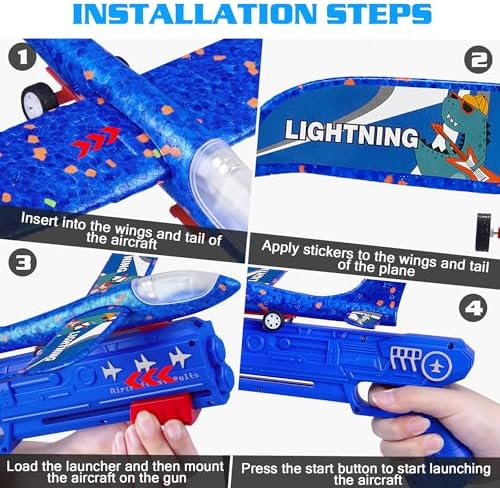 3 Pack Airplane Launcher Toys, 2 Flight Modes LED Foam Glider Catapult Plane, Outdoor Flying Toy for Kids, Birthday Gifts for Boy Girl 6+ Year Old, B-Day Party Supplies