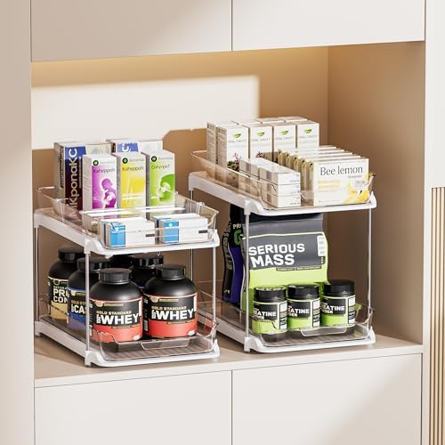 Delamu 2 Sets of 2-Tier Multi-Purpose Bathroom Under Sink Organizers and Storage, Stackable Kitchen Pantry Organization, Pull Out Medicine Cabinet Organizer with 8 Movable Dividers