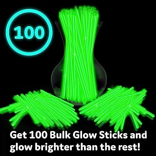 PartySticks Green Glow Sticks - 100pk, 8 Inch Glow in the Dark Light Up Sticks and Connectors for Party Favors, Decorations, Necklaces and Bracelets