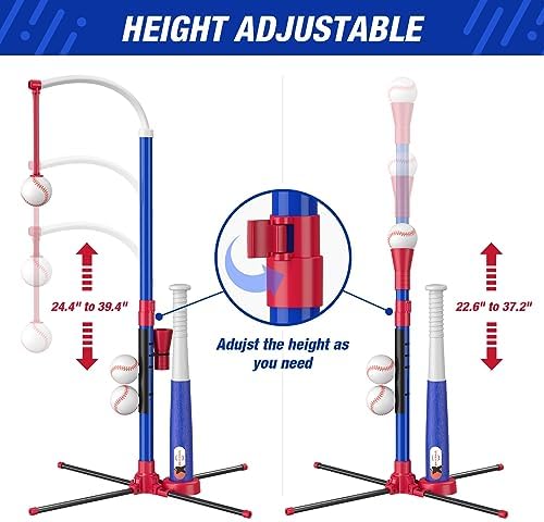 3-in-1 Baseball Set for Kids 3-5 - Tee Ball Stand, Hanging Tee, Ball Launcher and 6 Softballs - Adjustable Height, Indoor/Outdoor Sport Gifts for Boys, Blue