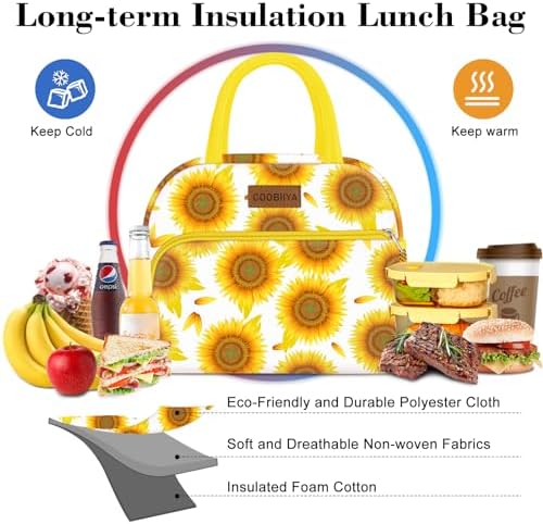 Coobiiya Lunch Bag Women, Lunch Box for Women Adult Men, Small Leakproof Cute Lunch Tote Large Capacity Reusable Insulated Cooler Lunch Container for Work/Office/Picnic/Travel-Sun Flower