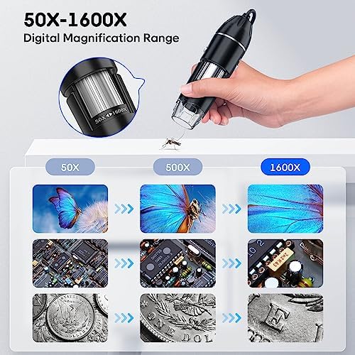 USB Digital Microscope, 50x-1600x Magnification Handheld, 1440P HD 8 LED Lights, Portable Pocket Microscope, Compatible with iOS and Android Devices, 2MP Magnifier Microscopes Camera for Adults, Kids