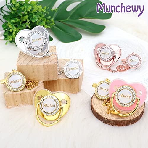 Personalized Pacifier with Name, Bling Gold Pacifier Clip Set with Gift Box Greeting Card, Glitter Crystal Luxurious Soother Dummy Ideal Gift for Boys Baby Shower Newborn Photography(Gold)