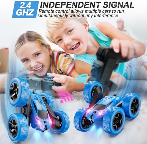 Remote Control Car, RC Cars Toys for Kids Ages 6-12, 4WD Stunt Car with LED Lights & 360° Flips, 2.4GHz, Upgraded USB-C Modular Batteries, 8-10 Year Old Boys Birthday Gift 1-Blue