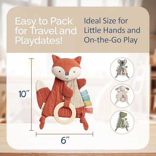 Itzy Ritzy - Bitzy Crinkle Sensory Toy Fox with Crinkle Sound for Babies & Toddlers - Features Soft Braided Teething Ring & Textured Ribbons, Designed for Ages 0 Months and Up, Fox