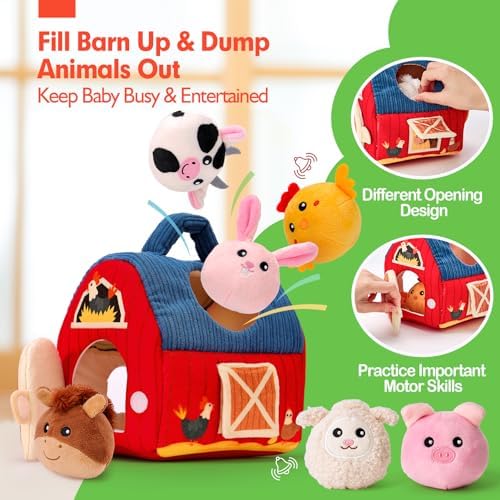 hahaland Baby Toys 6-12 Months - Surprise Barn with Stuffed Farm Animals, Rattle, Crinkle Paper, Mirror - Montessori Toys for 6 Month Old Babies, Sensory Balls Toddlers 1-3, 1 Year Old Boy Girl Gifts