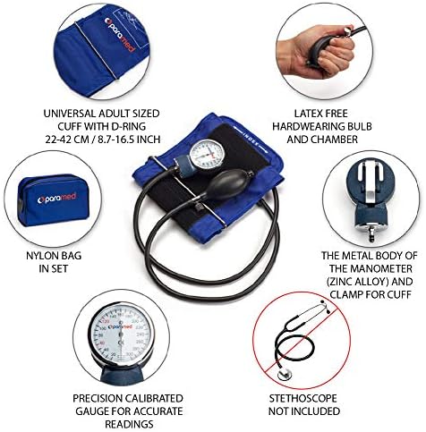 PARAMED Aneroid Sphygmomanometer – Manual Blood Pressure Cuff with Universal Cuff 8.7-16.5" and D-Ring – Carrying Case in The kit – Blue – Stethoscope Not Included