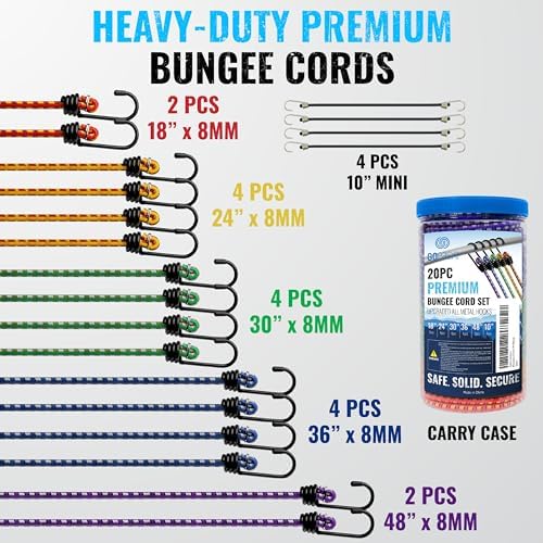 GOEASY0312 Premium Bungee Cords Heavy Duty - 20 pcs Bungee Cords with Hooks in A Storage Jar Includes 10", 18", 24", 30", 36", 48" Bungie Cord Bundle