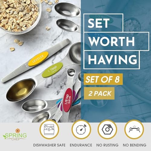 Spring Chef Multicolor Stainless Steel Magnetic Measuring Spoons Set of 8 with Leveler, Nesting Metal Teaspoon & Tablespoon Measuring Spoons, Kitchen Gadgets for Baking & Cooking - 2 Pack