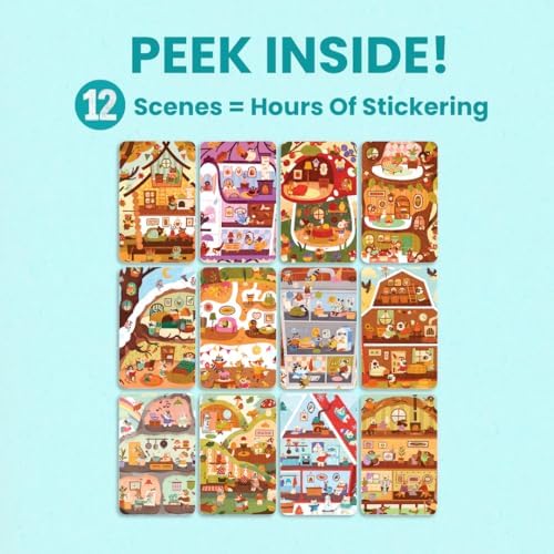 Cozy Homes of Furry Friends Sticker + Coloring Book (500+ Calendar Stickers for Kids & 12 Coloring Pages) Side by Side Activity Book, Fun Sticker Books, Boys & Girls Ages 2-4 4-8, 8-10