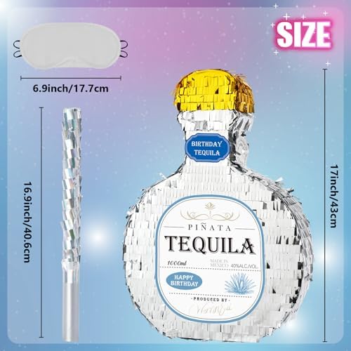 WERNNSAI Tequila Bottle Pinata - Disco Party Decorations for Adults Silver Patron Tequila Pinata with Blindfold for Bachelor Birthday Party Supplies 11.7” x 16.5”