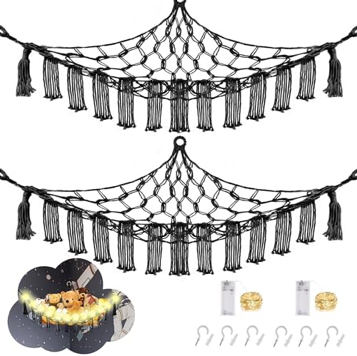 Stuffed Animal Hammock with LED Light, 2 Pack Toy Hammock for Stuffed Animals Storage for Kids, Stuffed Animal Hammock Corner, Black