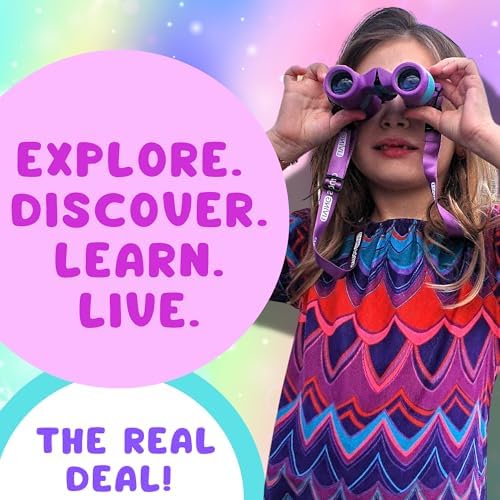 Kids Binoculars 8x21 Purple- Girls Age 3-12, Shock Proof Compact Binoculars Child Set- Neck Strap, Compass, Carabiner, Case, High-Resolution Bird Watching Optics Child Gift CampingToy Travel