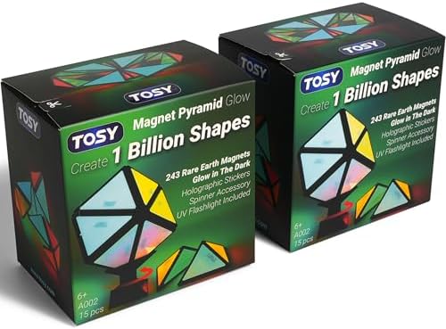 TOSY Magnet Pyramid Glow - 1 Cube Transforms into 1 Billion Shapes, 12 Pieces, 243 Rare Earth Magnets, Glowing, Holographic Design Magnet Tiles Creative Puzzle STEM/STEAM Toy, 2-Pack