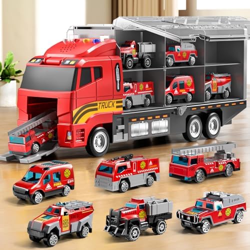Toddler Boys Toys for 3-5 Years Old, Fire Truck Vehicle Set with Play Mat, Die-Cast Toy Car Carrier Truck for Kids, Birthday Gifts Toys for 3-8+ Year Old Boys