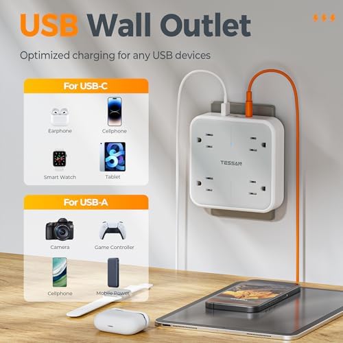 Multi Plug Outlet Extender, TESSAN Surge Protector Splitter with 3 USB (1 USB C Port) Wall Charger, Multiple Expander for Travel, Home, College Dorm Room