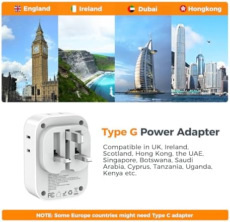 UK Adapters for Travel, TESSAN US to UK Ireland Plug Adapter 20W, Foldable Power Adaptor with 4 Outlets 3 USB(PD 20W 1 USB C) Charger, Type G for USA to Scotland London England HongKong Dubai Irish