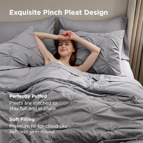 Bedsure Queen Comforter Set Grey - Bed in a Bag Queen Size 7 Pieces, GentleSoft™ Pintuck Bed Set Gift for Family, Pinch Pleat All Season Comforter with Sheets, Pillowcases & Shams