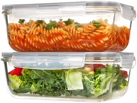Vtopmart 2Pack 1860ml/ 63oz Large Glass Storage Containers with Lids, Meal Prep Food Container Set with Snap Airtight Lid for Baking, Microwave, Oven, Leak Proof, for Freezer, Dishwasher, Grey