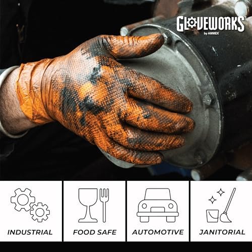 GLOVEWORKS Heavy-Duty Nitrile Gloves, Disposable, Latex Free, 8 Mil, Orange, Diamond Grip Glove