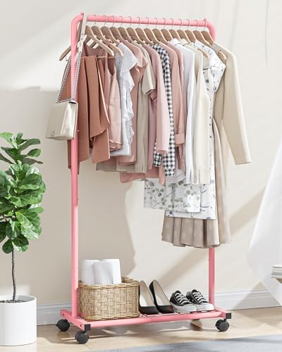 Clothes Rack - Clothing Rack with Storage Mesh Shelf & Casters, Heavy-Duty Metal Clothing Rack for Hanging Clothes, Dresses, Coats, Large Load Capacity, Easy Assembly, Pink, 28.0"x14.0"x59.0"